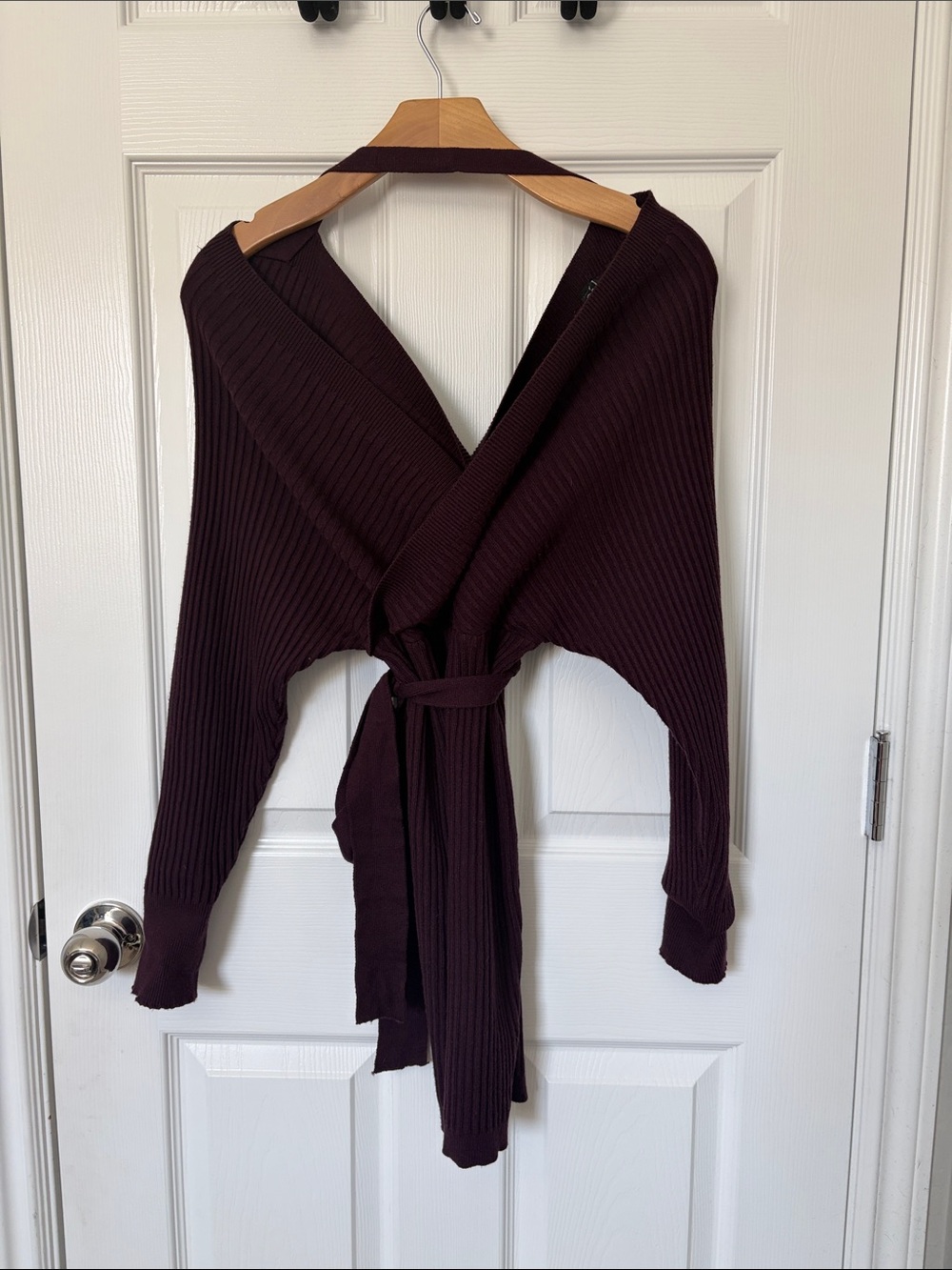 Windsor Ribbed Off-the-Shoulder Wrap Sweater in Burgundy